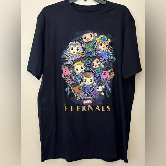 NWOT MARVEL ETERNALS Men’s Short Sleeve Black T W/ ETERNALS Cartoon On Front (L) - Picture 1 of 5